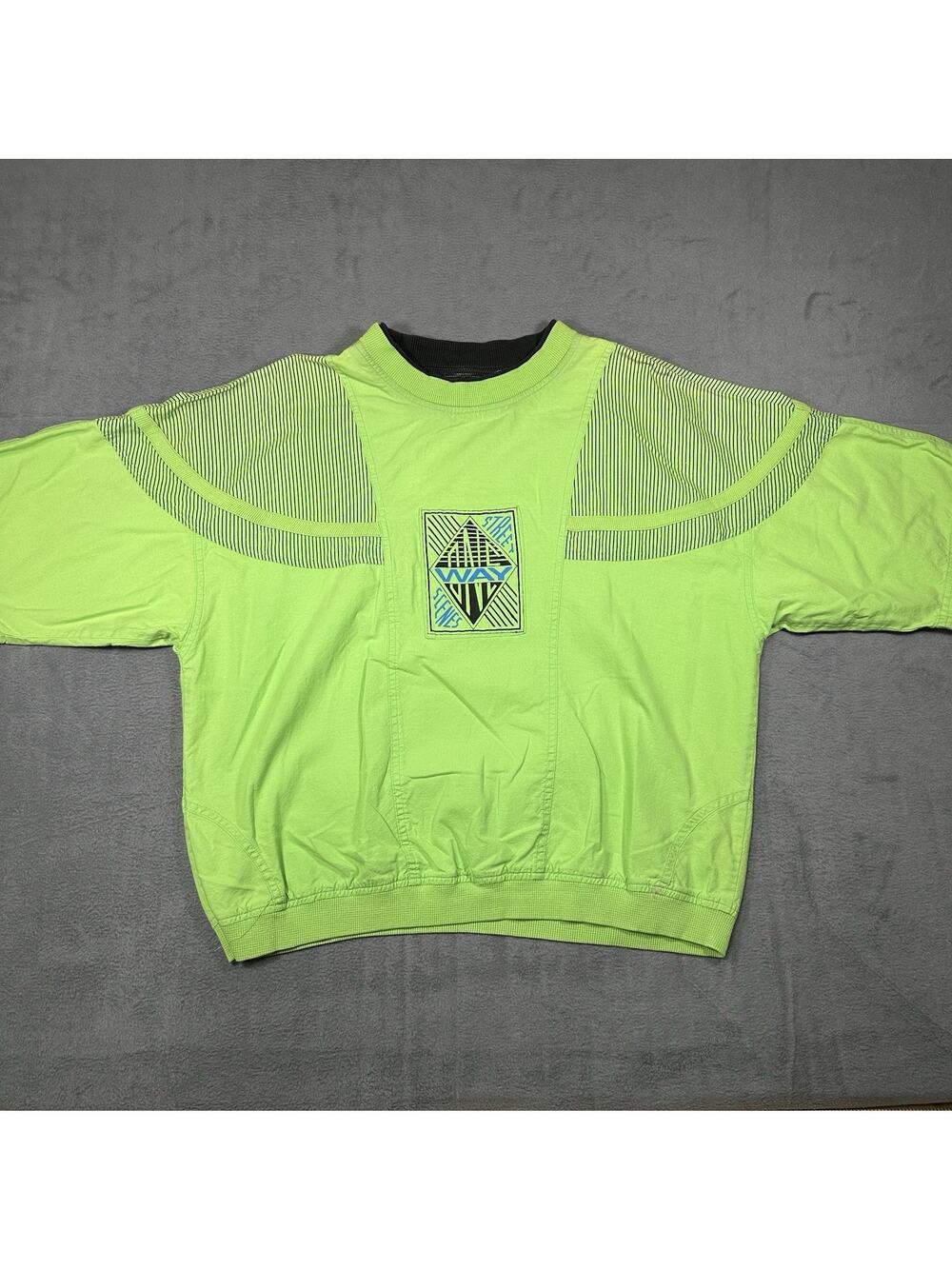 Vintage 80s Street Scenes Green Black Striped Shirt Faux Collar Men’s Size M
